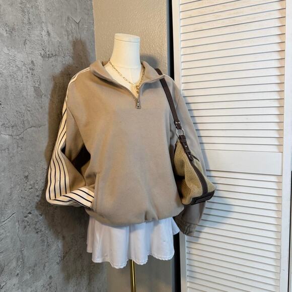 Tan & Cream Pinstripe Quarter Zip Crewneck - Picture 2 of 6